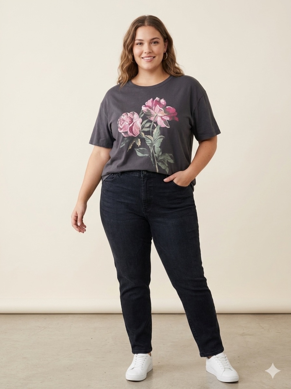 torrid Charcoal Floral Tee with Pink Roses